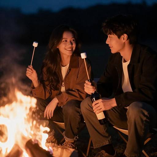 Couple Roasting Marshmallows by Campfire at Night