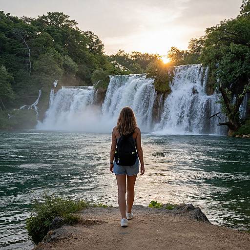 Photograph of a woman with long brown hair, wearing a black backpack and grey shorts, standing on a rocky path, viewing a lush, green,