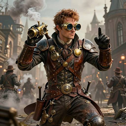 Steampunk Adventurer in Victorian City