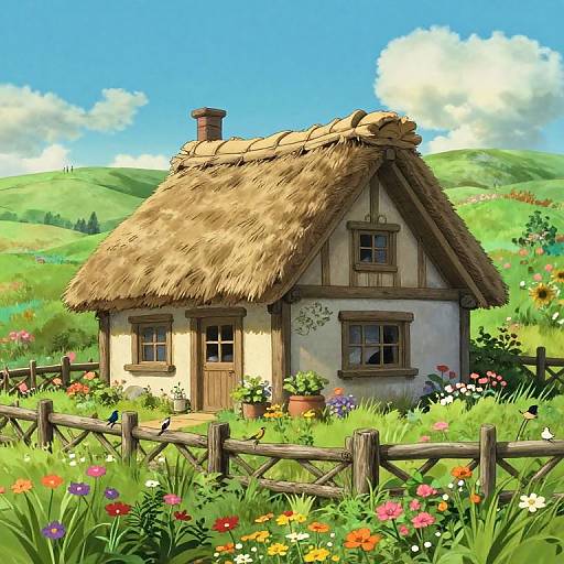 Digital illustration of a charming thatched cottage with a wooden door, surrounded by vibrant flowers, greenery, and a rustic fence, set against rolling hills