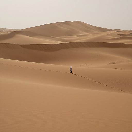 Photograph of a solitary person standing in vast, sunlit desert sand dunes with footprints leading to them, under a bright, clear sky.