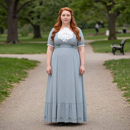 Photograph of a fair-skinned, red-haired woman in a blue, lace-trimmed dress standing on a park path with greenery and a