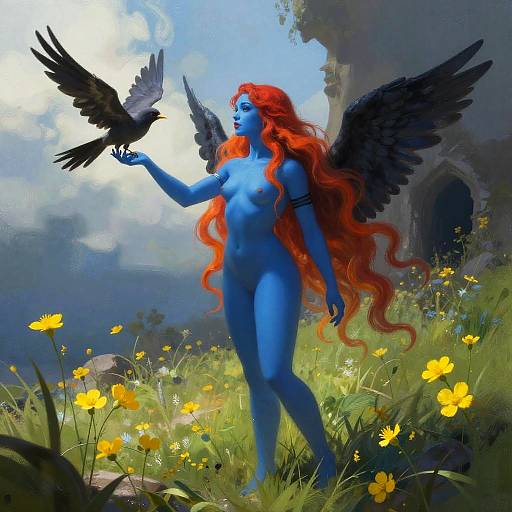 Digital painting of a blue-skinned, naked, red-haired winged woman with black wings, touching a black crow in a sunny, flower-filled me
