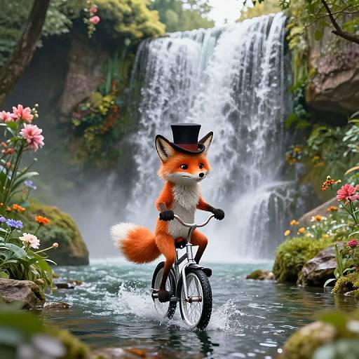 Photorealistic digital art of a red fox in a black top hat riding a bicycle through a lush, colorful forest with a cascading waterfall.