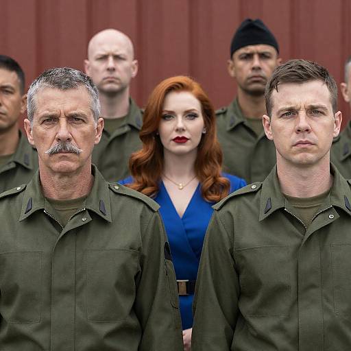 Group of Military Personnel with Woman in Blue Dress