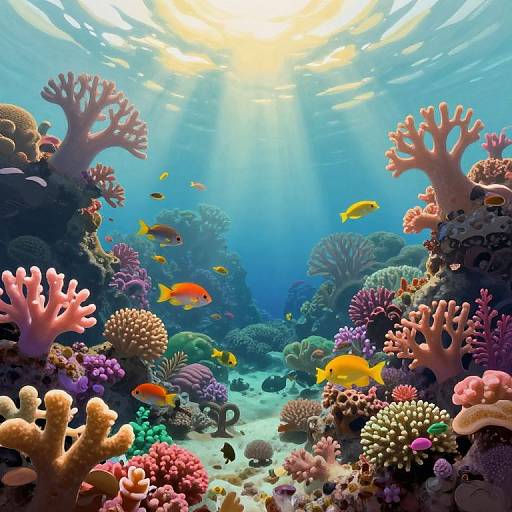 Vibrant underwater photograph of a coral reef teeming with colorful fish, including yellow and orange, surrounded by pink, purple, and green corals