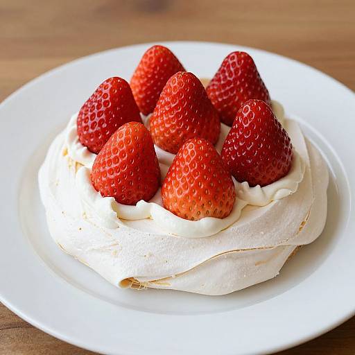 Photograph of a white plate with a cream-filled crepe topped with seven bright red, fresh strawberries on a wooden table.