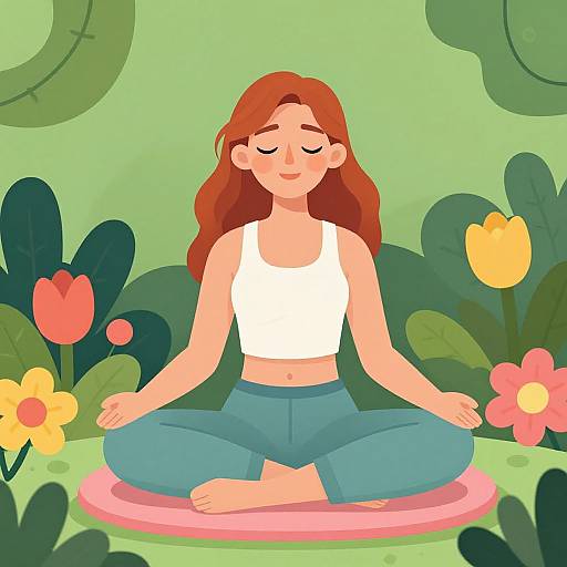 Digital illustration of a red-haired woman with closed eyes, wearing a white tank top and blue pants, meditating cross-legged on a pink mat in a