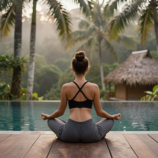 Photograph of a woman with a bun, black sports bra, and gray pants, meditating cross-legged by a tropical pool.