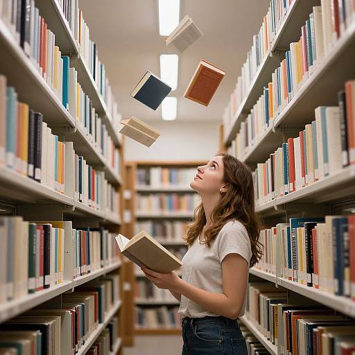 Photograph of a young woman with brown hair, white t-shirt, and blue jeans, standing in a library aisle, books floating mid-air, holding