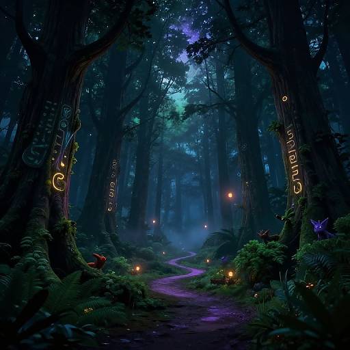 Magical forest nighttime scene with glowing lights, luminescent tree carvings, purple path, glowing fireflies, and vibrant blue and green hues