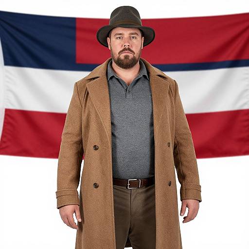 Photograph of a bearded man in a black hat, brown overcoat, and gray shirt, standing before an American flag backdrop.