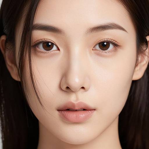 Close-up photograph of a young Asian woman with fair skin, brown eyes, and straight dark brown hair, looking directly at the camera with a neutral expression