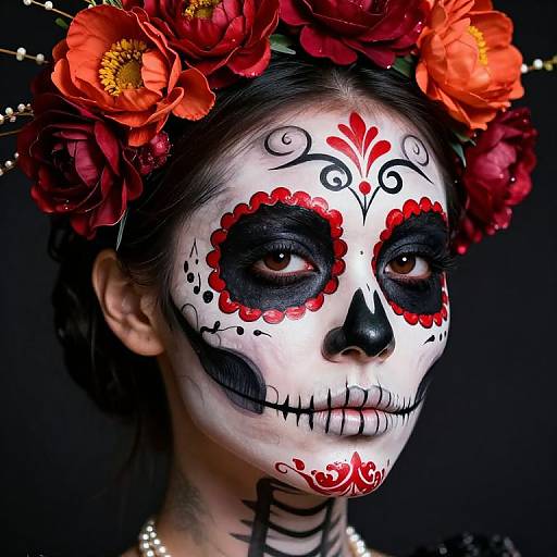 Woman with Intricate Sugar Skull Makeup and Floral Crown
