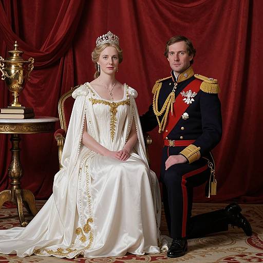 Photograph of a regal couple; woman in white, gold-embellished gown with crown, sitting beside a man in black, gold-