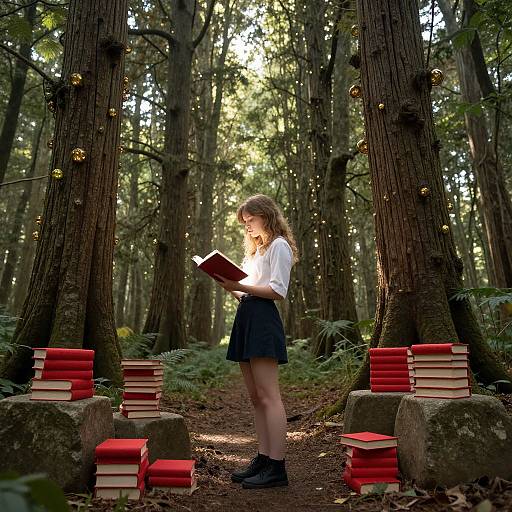 Photograph of a blonde girl in a white blouse and black skirt, reading a book in a sunlit forest, surrounded by stacks of red books on
