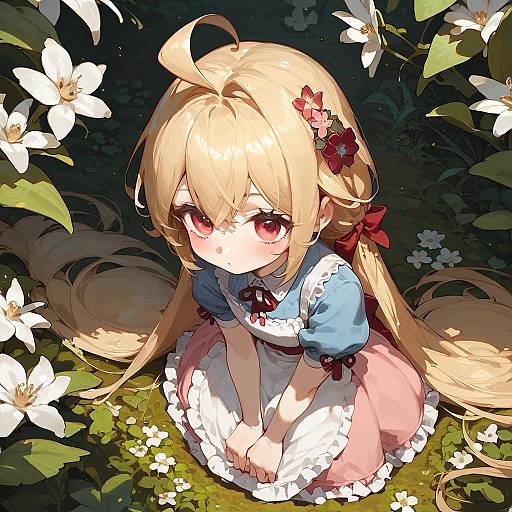 Digital anime-style drawing of a blonde girl with red eyes, wearing a blue and pink dress, surrounded by white flowers. She sits among lush greenery