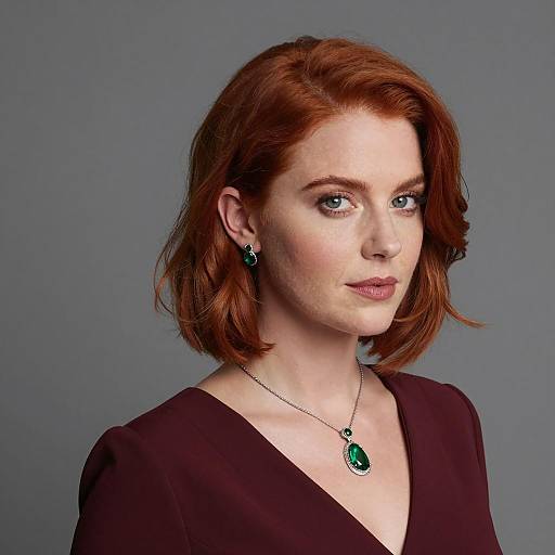 Elegant Woman with Red Hair and Green Jewelry