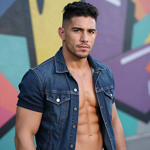 Photograph of a muscular, tan-skinned man with short, dark hair, wearing an open denim shirt, revealing his defined abs, against a colorful