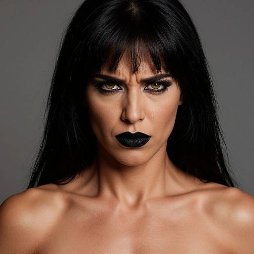 Photograph of a serious woman with long black hair, piercing yellow eyes, dark black lipstick, and bare shoulders against a gray background.