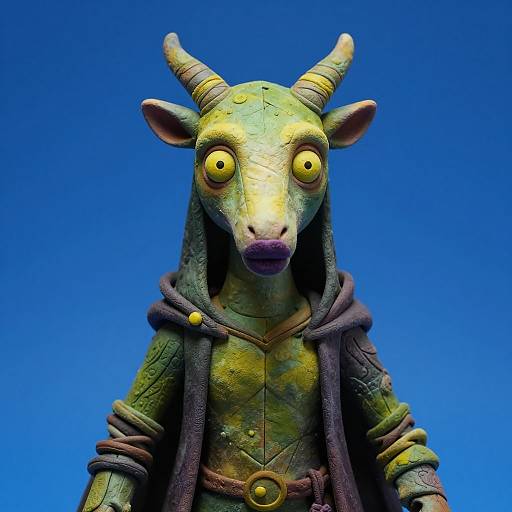 Photorealistic CGI of a startled green, horned, anthropomorphic goat with wide yellow eyes, wearing a brown hooded cloak, against a bright
