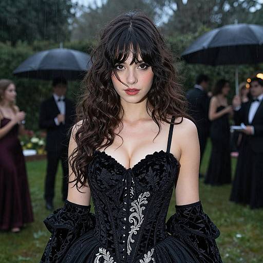 Photograph of a young woman with long, wavy black hair, wearing a black, lace corset dress and off-the-shoulder sleeves,