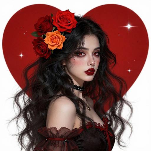 Digital art of a pale, gothic woman with long black hair, red roses in her hair, dark lipstick, red heart background, wearing black lace