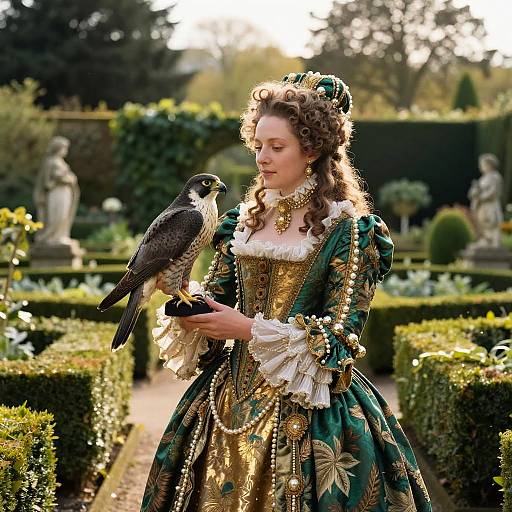 Elizabethan Duchess with Falcon in Garden Maze