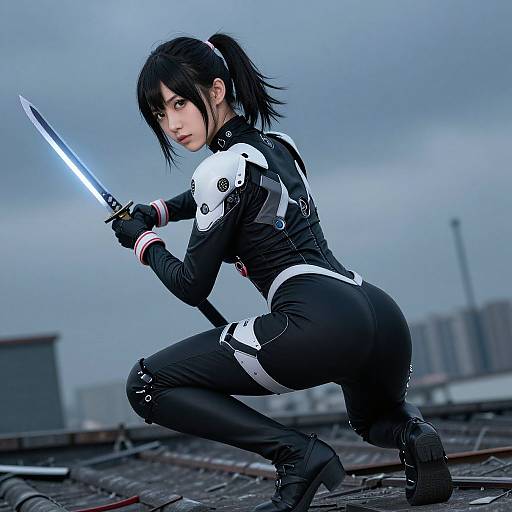 Digital art of an anime-style female warrior with black hair in a ponytail, crouching on a rooftop, holding a glowing blue sword, wearing