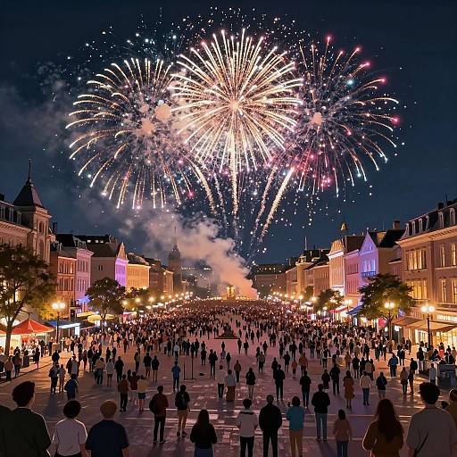 Photograph of a night festival with a large crowd, fireworks exploding above, and illuminated historic buildings on both sides.