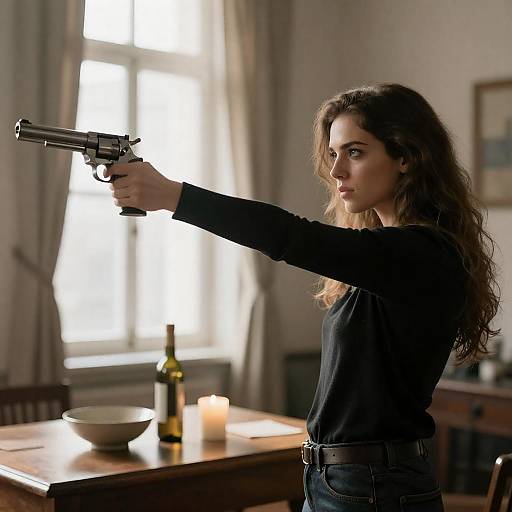 Woman with Revolver in Sunlit Room