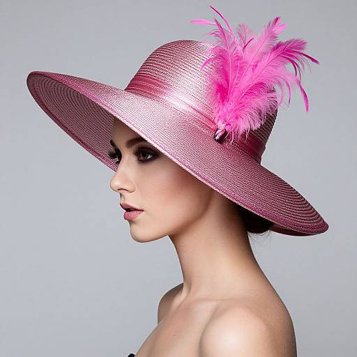 Photograph of a fair-skinned woman with pink, wide-brimmed hat adorned with pink feathers, side profile, against light blue background.