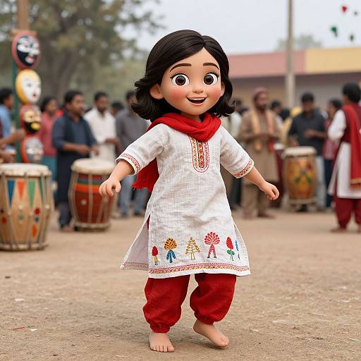 CGI image of a smiling, dark-haired child in white traditional dress and red scarf, barefoot, dancing outdoors with a drumming group in the