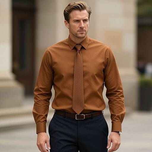 Photograph of a handsome, muscular, fair-skinned man with brown hair, wearing a brown dress shirt, matching tie, black pants, and brown