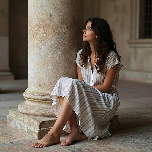 Woman Sitting Barefoot by Stone Column