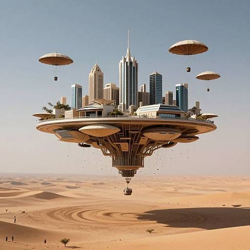 CGI image of a futuristic, floating city with high-rise buildings, surrounded by five hovering umbrellas, over a desert landscape.