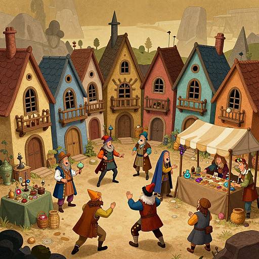 Whimsical village market scene with colorful, pointed-roof cottages; villagers in medieval attire dance, vendors sell wares under a beige tent.