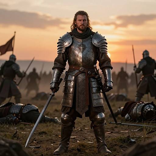 Photograph of a bearded, long-haired man in medieval armor, standing with sword, sunset background, soldiers and fallen knights around.