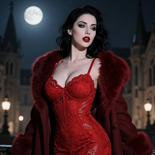 Photograph of a pale-skinned woman with black wavy hair, wearing a red lace corset and fur-trimmed coat, under a full