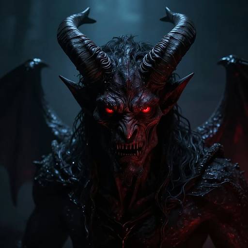Dark, menacing demonic creature with glowing red eyes, sharp teeth, and large twisted horns, set against a blue, shadowy background. Digital art.