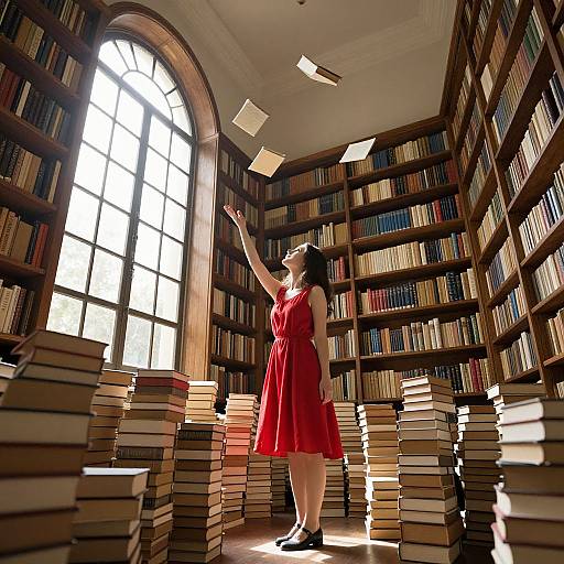 Photograph of a woman in a red dress, reaching for floating books in a sunlit, book-filled library with tall arched window.