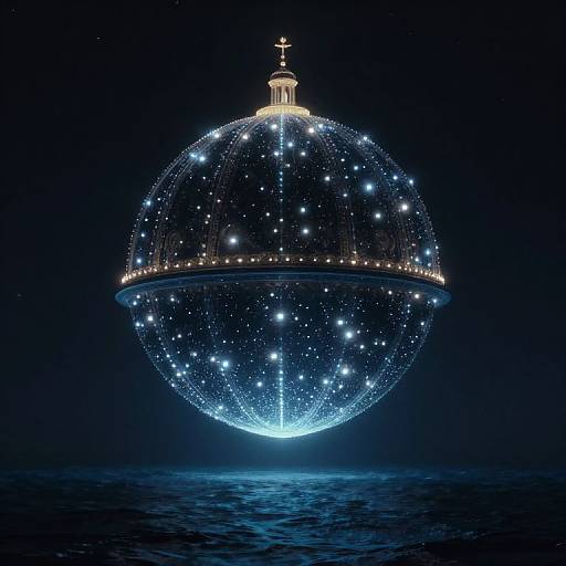 Photograph of a glowing, illuminated, spherical structure floating above dark, reflective water at night, adorned with blue and white lights.