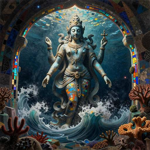 Digital artwork of a bronze statue of a multi-armed deity, standing in ocean waves, framed by a colorful mosaic arch, surrounded by coral and seaw