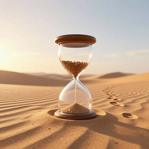Photograph of a glass hourglass with sand, standing on golden sand dunes at sunset, casting shadows and footprints around.