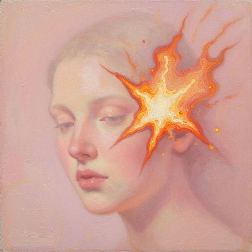 Digital painting of a pale-skinned woman with closed eyes, glowing orange fire starburst on her right temple, soft pink background.