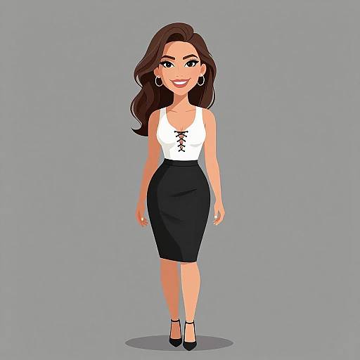 Digital illustration of a smiling woman with long brown hair, wearing a white lace-up tank top and black pencil skirt, black heels, and hoop earrings,