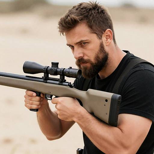 Intense Bearded Sniper in Outdoor Scene