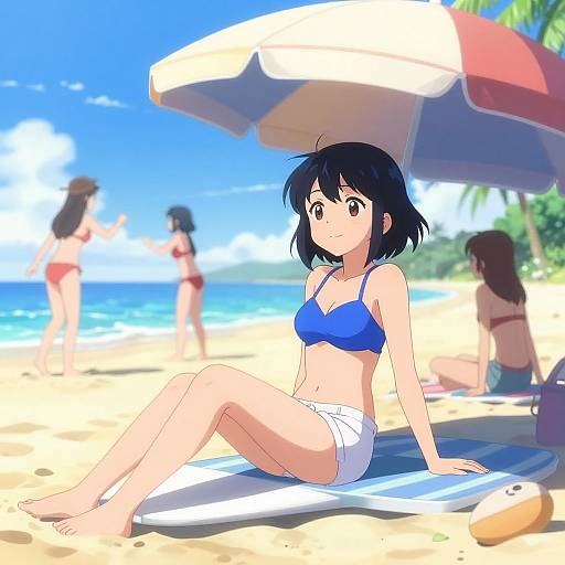 Anime Girls Relaxing on Sunny Beach