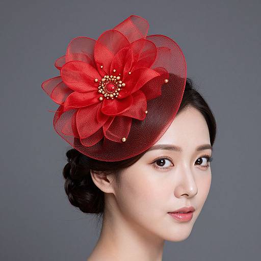 Photograph of an Asian woman with fair skin, black hair in a bun, wearing a red, floral, mesh fascinator with gold accents, against