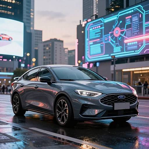 Photograph of a sleek, silver Hyundai sports sedan with glowing headlights, parked on a wet urban street at dusk, surrounded by vibrant neon billboards and